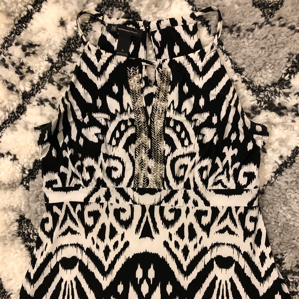INC poly/spandex halter maxi dress black/white print with beaded trim small